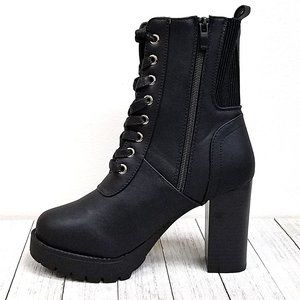New Black Lace Up Combat Block Heel Boots